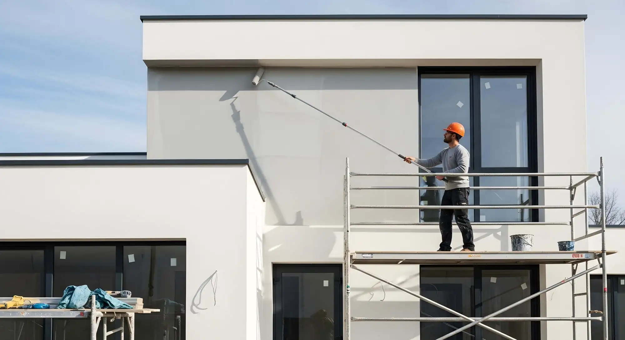 Artisan peintre sur un �chafaudage en train de r�aliser des travaux de peinture de fa�ade et de r�novation de murs � Gardanne