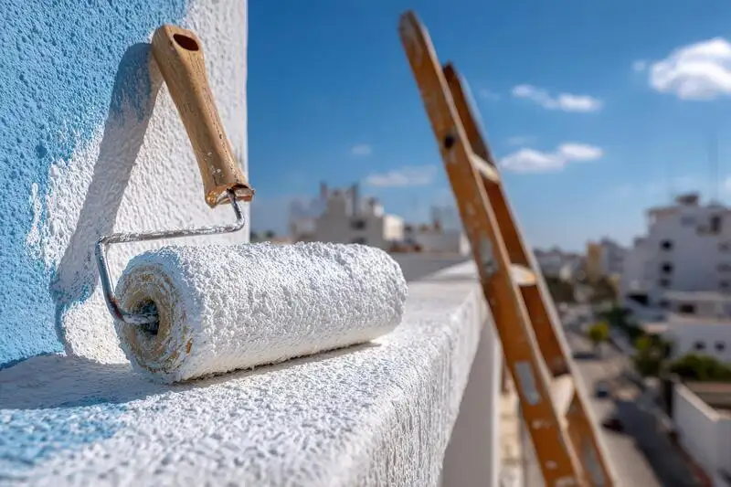 Gros plan sur un rouleau &agrave; peinture blanc lors de travaux de r&eacute;novation de murs et de peinture b&acirc;timent &agrave; Gardanne