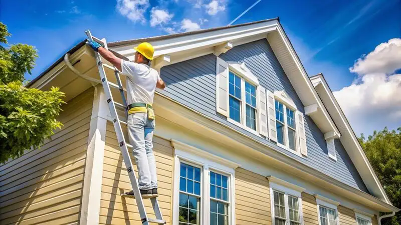 Artisan peintre sur une &eacute;chelle effectuant des travaux de peinture ext&eacute;rieure et de r&eacute;novation sur une maison &agrave; Gardanne